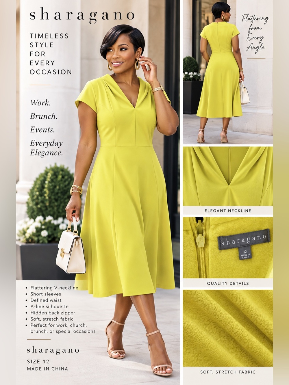 Sharagano Yellow A-Line V-Neck Dress